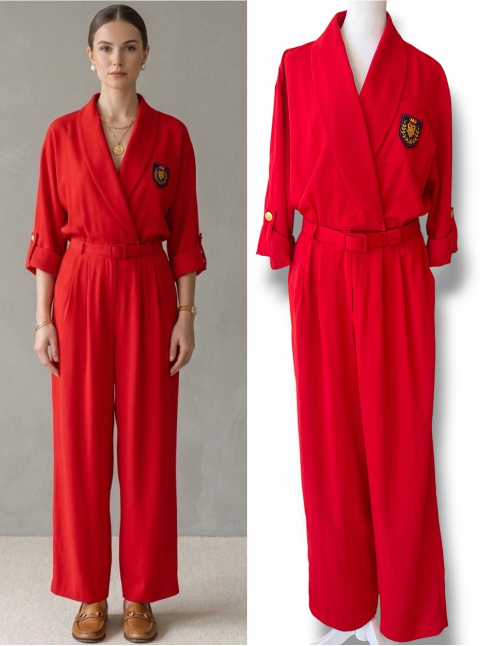 Vintage 80s Ms Chaus Red Nautical Jumpsuit Gold Crest Crown Buttons Preppy 12 M